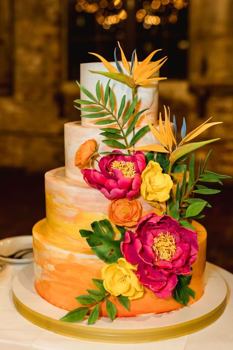 This Chic Tiki Wedding Transformed a Brooklyn Loft Ombre Wedding Cake, Tiki Wedding, Brooklyn Loft, Wedding Cake Ombre, Tiki Dress, Greenpoint Brooklyn, Ombre Wedding, Whiskey Bar, Caribbean Wedding