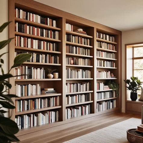 White Oak Library, White Oak Bookcase, Library At Home, Oak Library, Library Lounge, Home Decor Books, Built In Shelves Living Room, Shelves Living Room, Book Rack