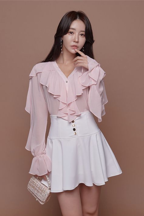 Arna Ruffle Chiffon Blouse Ruffle Chiffon Blouse, Chiffon Fashion Tops, Ruffled Blouse Outfit, Blouse And Skirt Outfit, Chiffon Top Styles, Ruffle Tops Outfit, Girly Blouse, Ruffle Top Blouses, Korean Blouse