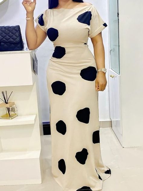 Floor-Length Patchwork Short Sleeve Polka Dots Women's Dress Corporate Wears, Cow Print Dress, Modest Dressing, Church Attire, Bodycon Casual, Afrikaanse Mode, Fitted Maxi Dress, Classy Dress Outfits, Bodycon Maxi Dresses