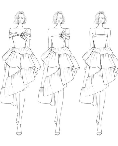 Ruffle Sketch Illustration Fashion, Shirring Dress Illustration, Gathers Dress Illustration, Ruffle Dress Illustration, Flat Sketches Dress, Doodle Fashion, Fashion Design Classes, Fashion Illustration Tutorial, Fashion Design Drawing