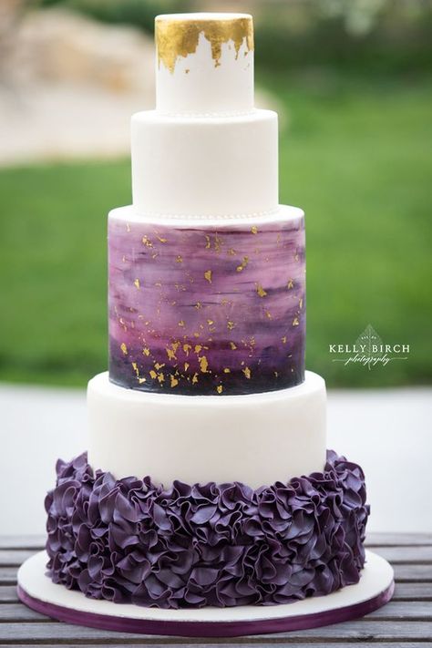 25 a unique modern wedding cake with a purple ruffle layer, white layers, an ombre purple gold leaf layer and a gold leaf top layer - Weddingomania Purple And Gold Wedding, Wedding Cake Ombre, Purple Wedding Cakes, Purple Cakes, Ombre Wedding, Tiered Cake, White Wedding Cakes, Gold Watercolor, Modern Wedding Cake