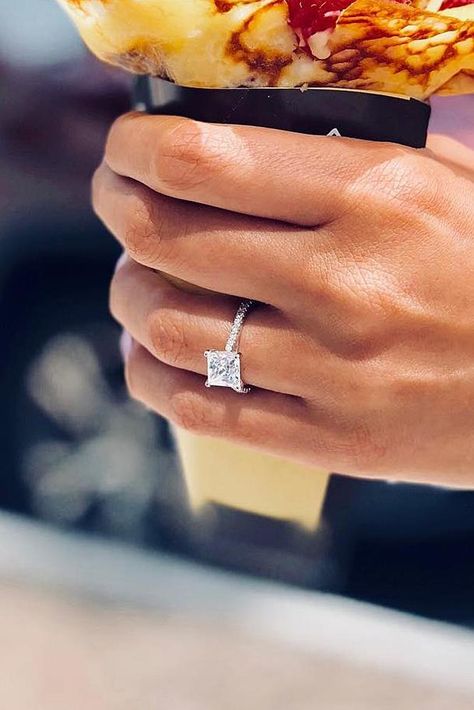 Elegant Engagement Rings Classy Princess Cut, Princess Cut Engagement Ring With Diamond Band, White Gold Engagement Rings Princess Cut, Rings Princess, Fine Engagement Rings, Princess Cut Engagement, Fancy Things, Happiness Challenge, Engagement Rings Princess