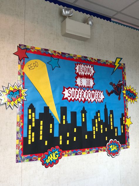 Library Bulletin Board:  “Reading is our Superpower “ Hero Bulletin Board, Bulletin Board Printables, Superhero School Theme, Superhero Bulletin Boards, Hero Classroom Theme, Superhero Classroom Decorations, Superhero School, Kindergarten Bulletin Boards, Bulletin Boards Theme