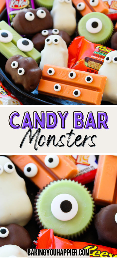 Candy Bar Monsters, a cute and fun to make accessory to Halloween parties! Your kids will have a blast making these candy bar monsters! Monster Bars, Halloween Candy Cookies, Sweet Easy Recipes, Candy Bar Recipe, Halloween Candy Bar, Halloween Themed Food, Perfect Halloween Party, Sweet Easy, Diy Edible