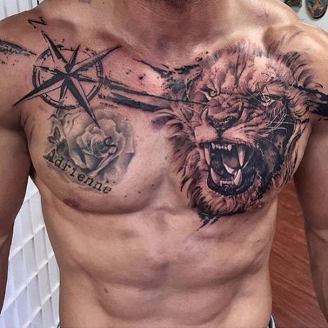 German Shepard Tattoos For Men, Skull Finger Tattoos, Lion Chest Tattoo, Tattoo Mens, Full Chest Tattoos, Piece Tattoo, Lion Tattoo Sleeves, The Best Tattoos, Realistic Tattoo Sleeve