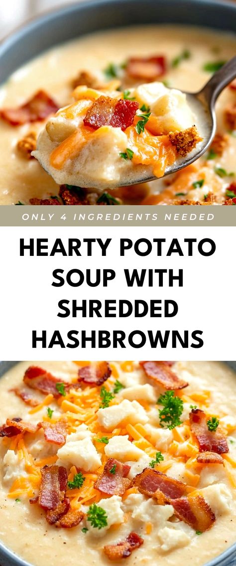 Image for Hearty Potato Soup with Shredded Hashbrowns Shredded Potatoes Soup, Potato Soup With Tater Tots, What To Make With Shredded Hashbrowns, Potato Soup With Frozen Hashbrowns And Cream Cheese, Hashbrown Soup Recipes, Potato Soup Shredded Hashbrowns, Recipes With Shredded Potatoes, Potato Soup From Frozen Hashbrowns, Potato Soup Made With Hash Browns