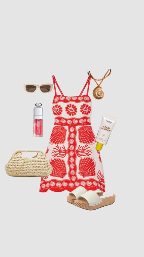 Farm Rio dress beach outfit #summeroutfitideas #beachdayfit #shelljewelry Farm Rio Outfit, Dress Beach Outfit, Farm Rio Dress, Dress Beach, Shell Jewelry, Farm Rio, Beach Dresses, Comfy Outfits, Beach Day