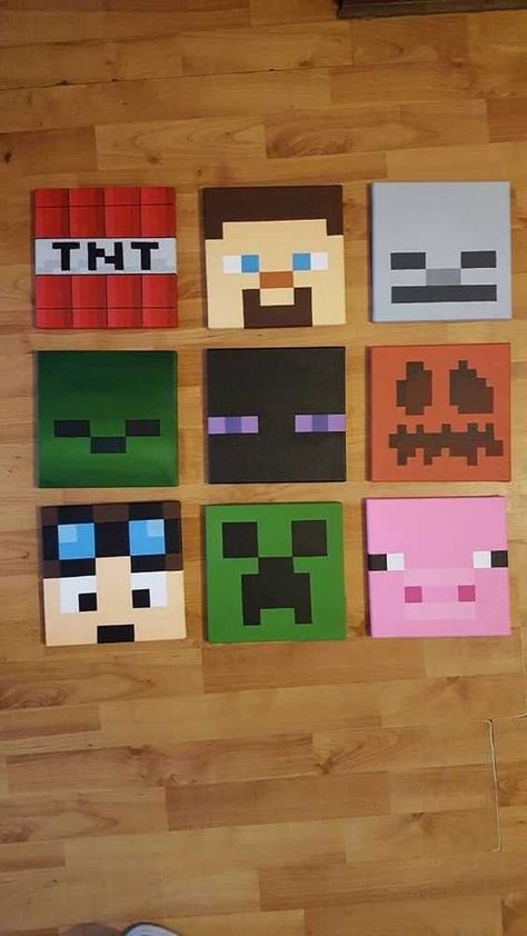 Cute Paintings On Canvas Easy, Minecraft Painting, Minecraft Diy Crafts, Painting Minecraft, Minecraft Party Decorations, Minecraft Wall, رسم كاريكاتير, Mini Toile, Minecraft Drawings