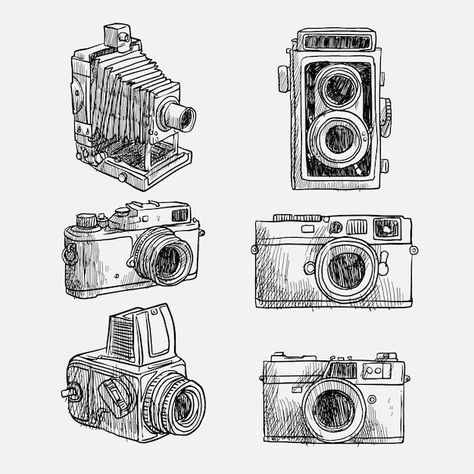 Download this Premium Vector about Kinds of hand drawn vintage cameras, and discover more than 143 Million Professional Graphic Resources on Freepik. #freepik #vector #cameradrawing #watercolorcamera #camerasketch Film Camera Drawing Simple, Vintage Camera Illustration, Camera Film Drawing, Camera Aesthetic Drawing, Vintage Camera Drawing, Vintage Cameras Drawing, Camera Sketch, Sketchbook Idea, Camera Illustration