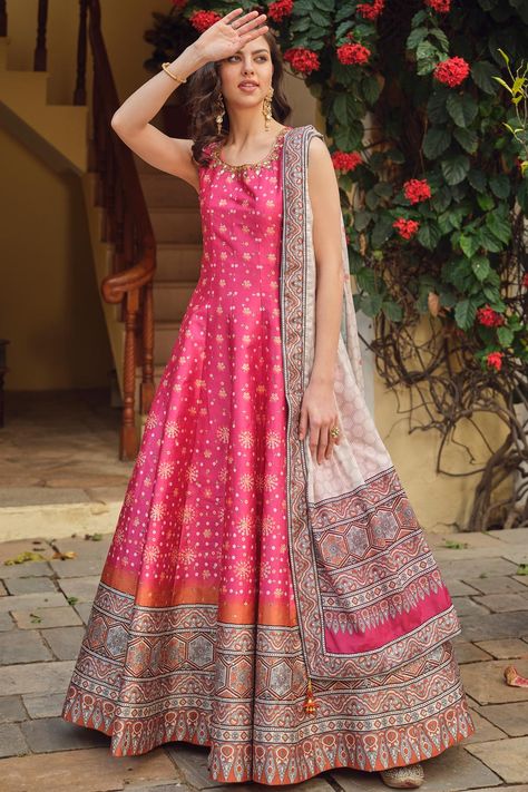 Buy Ready To Wear Pink Multicolor Patola Print Silk Anarkali Dress With Dupatta & Sleeves Online | Like A Diva Anarkali Dress With Dupatta, Silk Anarkali Dress, Dress With Dupatta, Patola Print, Indian Dresses Online, Silk Anarkali, Choli Blouse, Salwar Dress, Gown Skirt