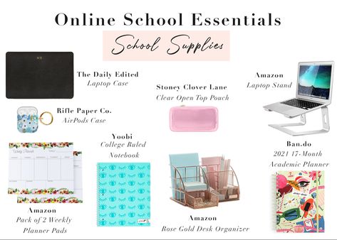 Click the link to shop my favorite school supplies for online school. All of these items are so cute and functional! Online College School Supplies List, Study Materials Products, Online School Setup, Study Tools College, Online College Supplies, Online School Essentials, Online Studying, Online School Supplies, College School Supplies List