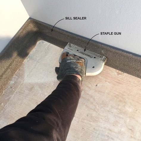 Install sill sealer Self Leveling Concrete, Self Leveling Floor, Leveling Floor, Deck Building Plans, Building Design Plan, Laying Decking, Deck Installation, Deck Plans, Deck Boards