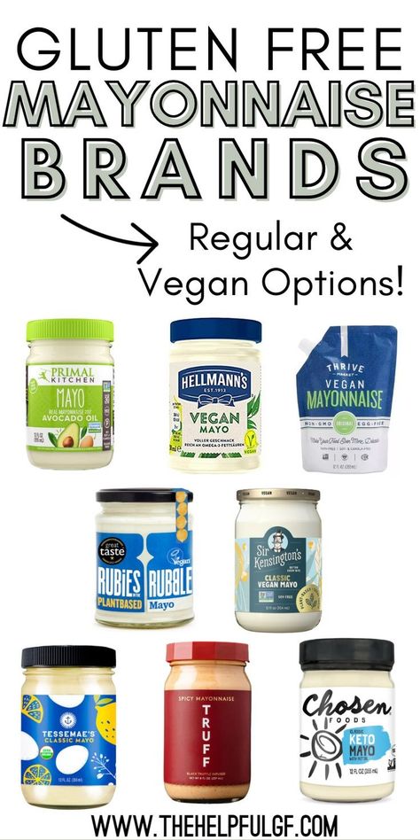 This article answers the question “Is Mayonnaise Gluten-Free?” + includes a gluten free food list of store bought gluten free mayo brands (including dairy free mayo, keto mayo & vegan / vegetarian mayo) & where to buy them. This post even includes 3 gluten free mayo recipes to try! You want these pantry items for your gluten free diet! Perfect for those with celiac disease and living a gluten free lifestyle Keto Mayo, Dairy Free Mayo, Mayonnaise Brands, Gluten Bread, Gluten Free Food List, Dairy Snacks, Gluten Free Pantry, Gluten Free Guide, Gluten Free Brands