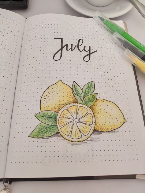 My bullet journal - July - Lemon theme Journal Monthly Cover, Bullet Journal Monthly Cover, Monthly Cover Page, July Bullet Journal, Cover Page Ideas, Bullet Journal Titles, Bullet Journal Work, Bullet Journal Monthly, Bullet Journal Minimalist