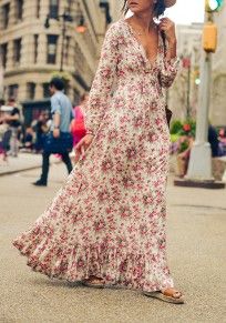 Multicolor Bohemian Floral Print Ruffle Deep V-neck Floor Length Boho Maxi Dress Bohemian Dress Long Sleeve, Maxi Pattern, Dresses Casual Boho, Bohemian Dresses Long, Mode Prints, Neck Flower, Beach Party Dress, Long Sleeve Ruffle Dress, Lady Like