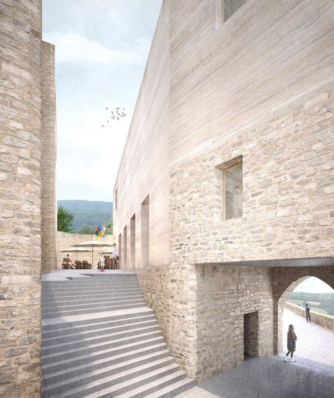 Max Dudler . Burgruine Burgschwalbach extension . Mainz afasia (2) Max Dudler, Master Thesis, Photoshop Rendering, Render Image, Contemporary Building, Stone Facade, Public Architecture, Architectural Models, River House