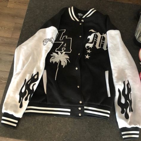 BooHooMan Black and White Varsity Jacket Varsity Jacket Black And White, Black And White Varsity Jacket Outfits, Varsity Jacket Aesthetic, Black And White Varsity Jacket, White Varsity Jacket, Varsity Jacket Black, Senior Jackets, Varsity Jacket Outfit, Leather Varsity Jackets