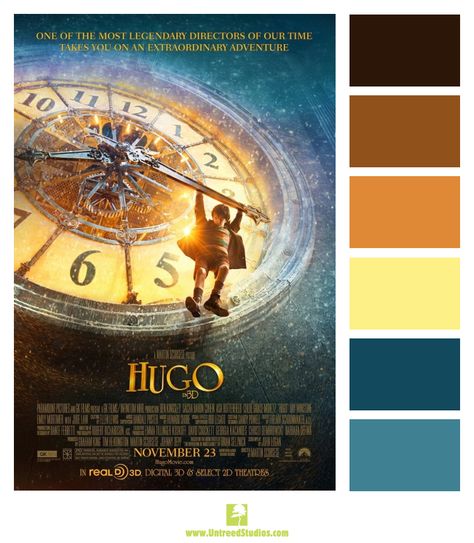 Color palette based on the movie poster for "Hugo" Hugo Movie, Hugo Cabret, Drama Films, Ben Kingsley, Sacha Baron Cohen, Boogie Nights, Ricky Gervais, Septième Art, David Fincher