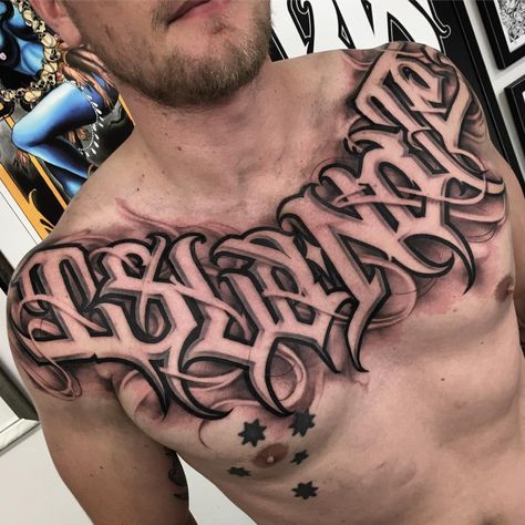 Family 1st Tattoo, Chest Lettering Tattoo, Lettering Back Tattoo, Back Lettering Tattoo, Graffiti Lettering Tattoo, Chicano Lettering Tattoo, Lettering Tattoo Ideas, Chest Tattoo Words, Chest Tattoo Fonts