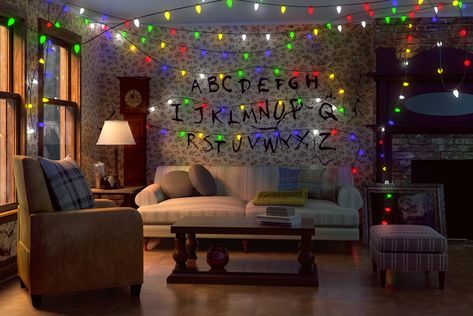 Stranger Things-Inspired '80s-Style Living Room Halloween Baby Photos, Zoom Wallpaper, Office Halloween Decorations, Haunted House Diy, Living Room Retro, Purple Living Room, Halloween Office, Living Room Wallpaper, Stranger Things Halloween