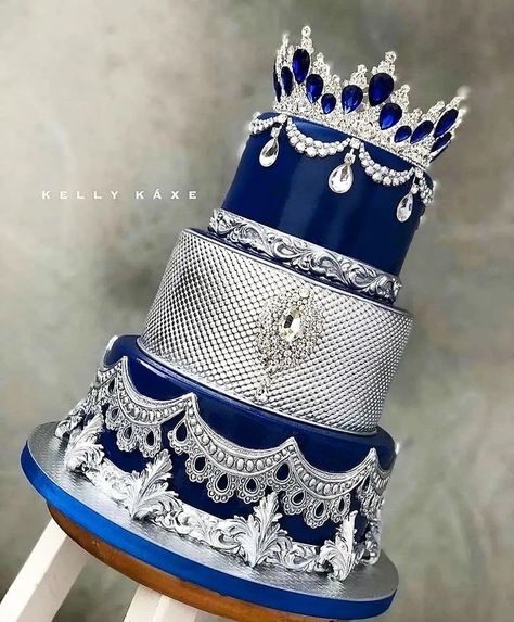 Royal Blue Cake, Royal Blue Quince, Quince Cakes, Blue Sweet 16, Quince Cake, Blue Birthday Cakes, Royal Cakes, Silver Wedding Cake, Eve Of Milady