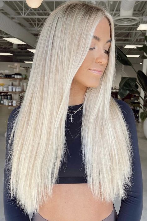 Really Blonde Hair Highlights, Very Bright Blonde Hair, Icy Blonde Extensions, Blonde Hair Inspiration Straight, Bright Blonde Hair Extensions, Bright Light Blonde Hair, Very Blonde Hair Color Ideas, White Blonde Highlights On Blonde Hair, Solid Platinum Blonde Hair