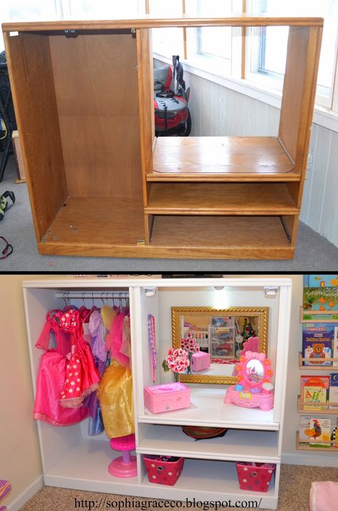 Sophia Grace  Co. - Dress up station for Sophia's playroom. Cute way to store dress up clothes. Easy dress up storage Project to DIY. Dress Up Stations, Dress Up Storage, Toy Rooms, Big Girl Rooms, Toddler Room, Sandbox, Crown Molding, Repurposed Furniture, Play Area