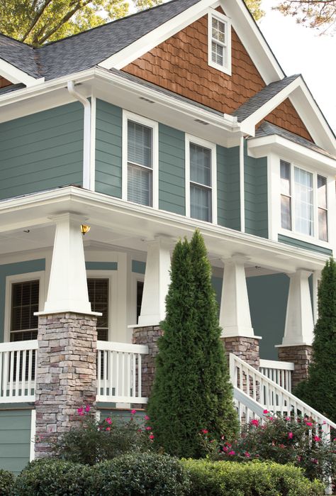 Exterior Paint Color Combinations, Exterior Paint Schemes, Blue Siding, House Paint Color Combination, Brown Roof, Color Combinations Paint, Exterior House Paint Color Combinations, Exterior House Color, Colors Schemes