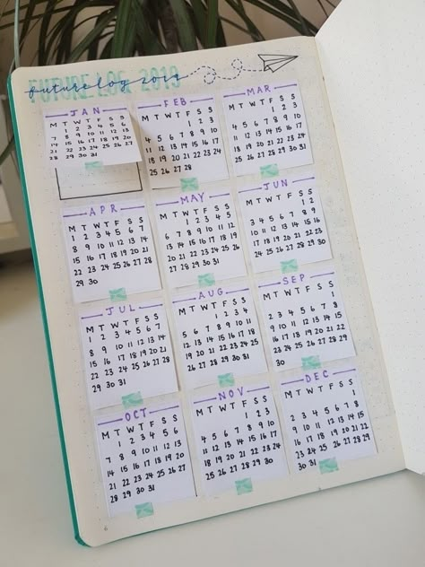 Sticky Notes Calendar, Bullet Journal Events Page, Yearly Journal Spreads, Bullet Journal Year Calendar, Bullet Journal Yearly Spread Ideas, Bujo Yearly Spread Ideas, Future Log Layout, Future Log Bullet Journal, Bullet Journal Yearly Spread