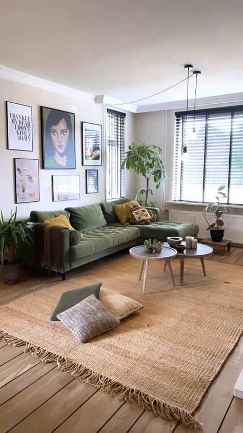 Cozy Neutral Apartment Aesthetic, Green And Wood Apartment, Apartment Living Room Earth Tones, Apartment Decorating Earth Tones, Earth Tones Design, Cool Living Room Designs, Long Apartment Living Room, Glass Crockery Cabinet, Minimal Earthy Living Room