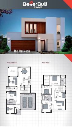 The Jamieson: Double Storey House Design.   250 Sq.m – 10.9m x 16.6m Escape the everyday with the Jamieson’s unique facade, yet practical floor plan. Build a lifetime of memories in the Jamieson with it’s stylish kitchen, 3 living area’s and an oversized master bedroom. #BetterBuilt #flooplans Underground House Plans, Double Storey House Plans, Two Story House Design, Double Storey House, 2 Storey House Design, 2 Storey House, Two Story House Plans, Two Story House, House Facade