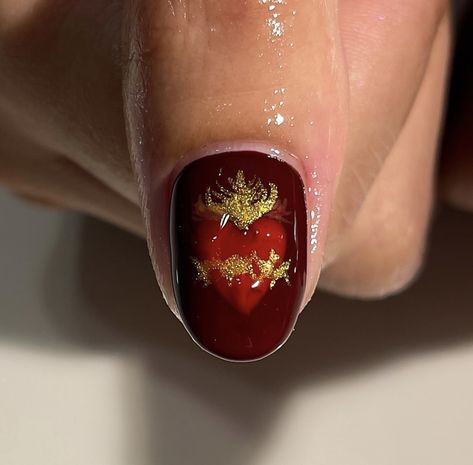 Sacred Heart Nail Design, Nails Sacred Heart, Mexican Heart Nails, Medieval Nail Art, Catholic Nail Art, Sacred Heart Nail Art, Sacred Heart Illustration, Pomegranate Nails, Sacred Heart Nails