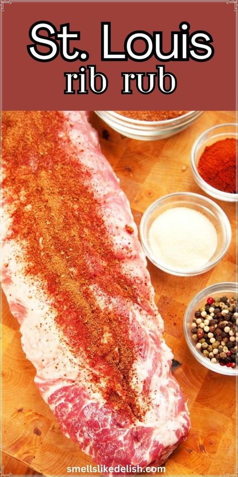 St. Louis Rib Rub is a classic dry rub specifically designed to  enhance the smoky, savory flavors of St. Louis-style ribs. This brown  sugar-based rub is packed with a blend of smoked paprika, garlic powder,  onion powder, and warm spices, creating a crust that caramelizes  beautifully during grilling or smoking.  While it's perfect for St.  Louis-style ribs, this versatile rub can also be used on other cuts of  pork, chicken, or even vegetables for added depth of flavor. Rib Rubs For Grilling, Smoked St Louis Ribs In Smoker, Rib Rubs For Oven, St Louis Ribs Smoker Recipe, Rib Rub Recipe Brown Sugar, St Louis Ribs In Crockpot, St Louis Style Ribs Oven, St Louis Ribs In Oven, Dry Rub For Pork Ribs