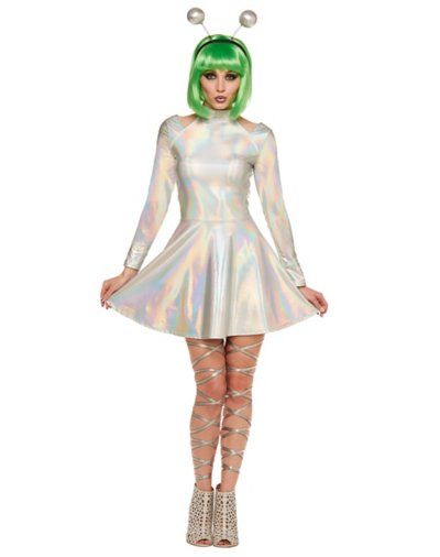 Your outer space attire is super important when trying to fit in with all the other aliens! In this Alien Dress Costume you’ll have everyone jealous of your adorable look. Skirt length: 16” Material: Polyester, spandex Care: Hand wash Imported Note: Wig, headband, and shoes sold separately Metallic Alien Costume Silver, Women Space Costume, Shiny Halloween Costume, Galactic Halloween Costume, Retro Alien Costume Women, Space Theme Family Costume, Alien Costume Women’s, Disco Alien Costume, Simple Alien Costume