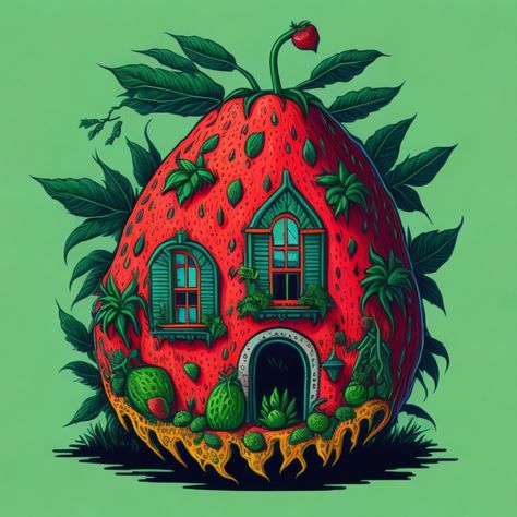 Fruit House Illustration, Strawberry House Illustration, Strawberry Cute Art, Strawberry House, Strawberry Cute, Giant Strawberry, Cartoon Strawberry, Castle Illustration, Aesthetic Drawings