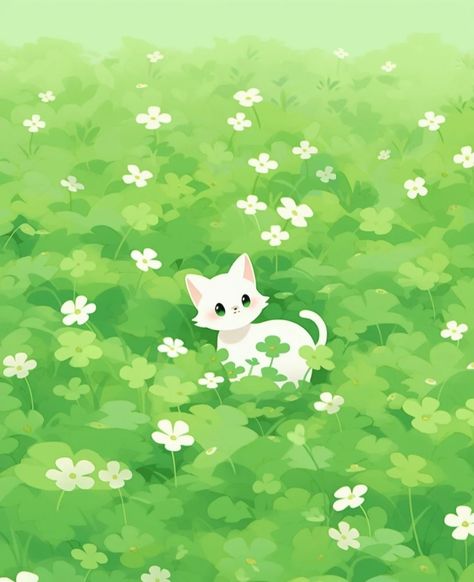 Flower Jacket, Green Cartoon, Kawaii Background, Cat Drawings, Ipad Wallpapers, Art Idea, Anime Cat, Green Wallpaper, Cat Drawing