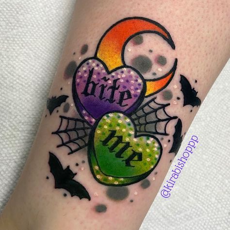 Halloween Candy Tattoo Ideas, Spooky Cupcake Tattoo, Halloween Cupcake Tattoo, Traditional Style Halloween Tattoo, Cute Goth Tattoo Ideas, Halloween Candy Tattoo, Halloween Tattoos For Women, Pastel Goth Tattoo, Cute Spooky Tattoos