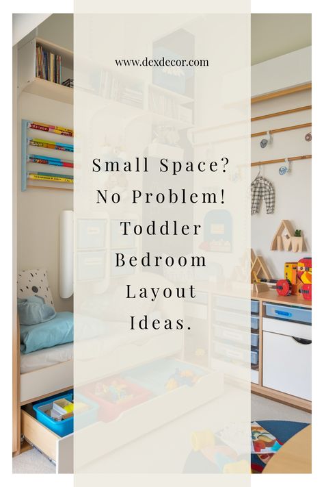 Toddler bedroom with creative storage solutions and playful decor in a small space. Vertical Bedroom Ideas, Small Bedroom Kids Ideas, Small Space Kids Bedroom, 2 Kids 1 Room Small Spaces, 10x13 Bedroom Layout, Small Kids Bedroom Layout, Very Small Bedroom Ideas For Kids, Small Kid Bedroom Ideas, Big Bed Small Room Ideas