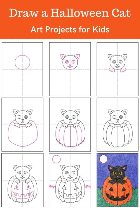 Simple Halloween Drawings For Kids, How To Draw Halloween, Halloween Directed Drawing, Halloween Illustration Art, Leaning Art, Easy Halloween Drawings, Cartoon Cat Drawing, Black Cat Drawing, Start Studying