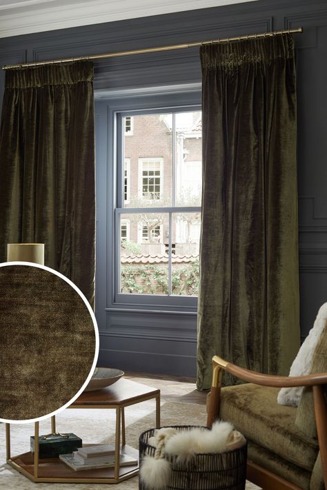 Our opulent velvet curtains are perfect for adding warmth to any room. Thick velvet reflects the light and adds a luxurious feel to your space. The 6” pencil pleat header has small, neat folds at the top of the curtain creating a beautiful drape. Pencil pleat curtains can be hung on a track using hooks, or on a pole using hooks and rings (hooks/rings not included). The standard lightweight lining adds an extra layer to the back of curtains to provide added durability and to help prevent fading o Green Walls With Curtains, Dark Green Room With Curtains, Moody Office Curtains, Olive Green Curtains Living Room, Dark Green Curtains, Green Curtains Living Room, Green Velvet Curtains, Velvet Curtains Bedroom, Olive Green Curtains