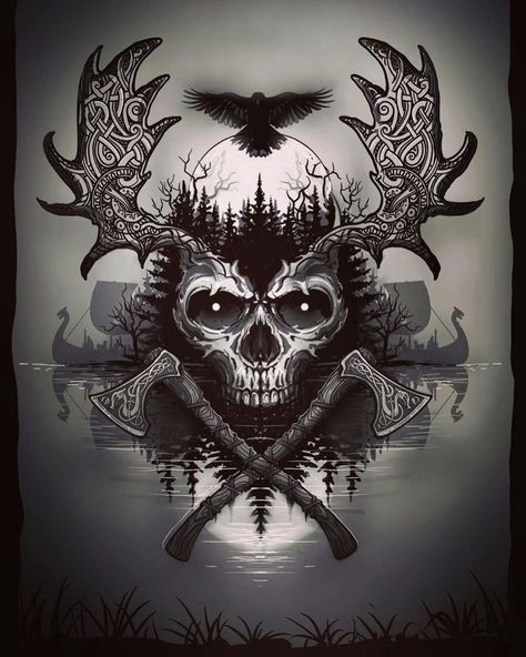 Viking Skull Art, Berserker Tattoo, Simbols Tattoo, Tattoos Viking, Yggdrasil Tattoo, Celtic Tattoos For Men, Tattoos Chest, Viking Warrior Tattoos, Norse Mythology Tattoo