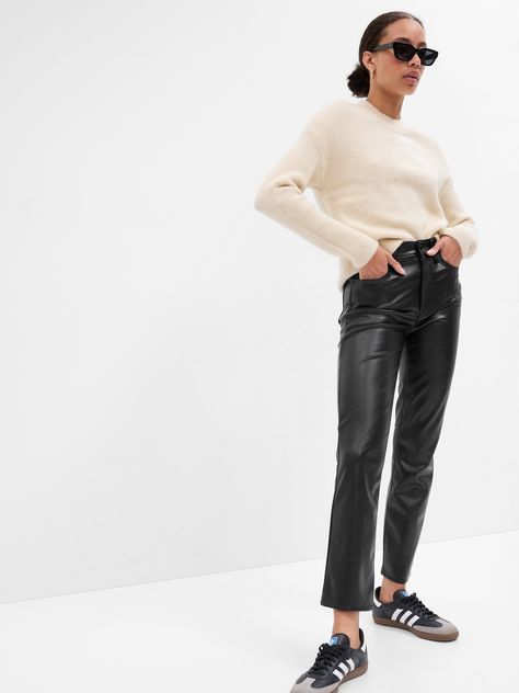 High Rise Vintage Slim Vegan-Leather Pants | Gap Factory Leather Pants Outfit Casual, Ankle Pants Outfit, Faux Leather Pants Outfit, Black Pants Outfit, Slim Pants Outfit, Pleather Pants, Leather Pants Outfit, Black Jeans Outfit, Pants Outfit Casual