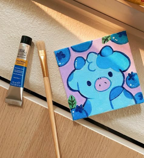 Easy Cute Mini Canvas Paintings, Art Acrylic Painting Ideas Easy, Easy Diy Acrylic Painting Ideas, Cute Paintings On Mini Canvas, Mini Paintings Acrylic, Painting Ideas On Small Canvas Aesthetic, Blueberry Cow Painting, Painting Big Canvas Ideas, 5x5 Painting Ideas