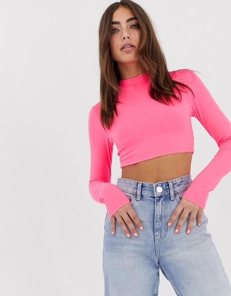 ASOS DESIGN super crop turtleneck in neon pink 16.00 USD Longsleeves Outfit, Neon Pink Shirts, Outfit Ideas Pink, Neon Pink Tops, Crop Turtleneck, Neon Crop Top, Neon Top, Casual Dresses For Teens, Cropped Turtleneck