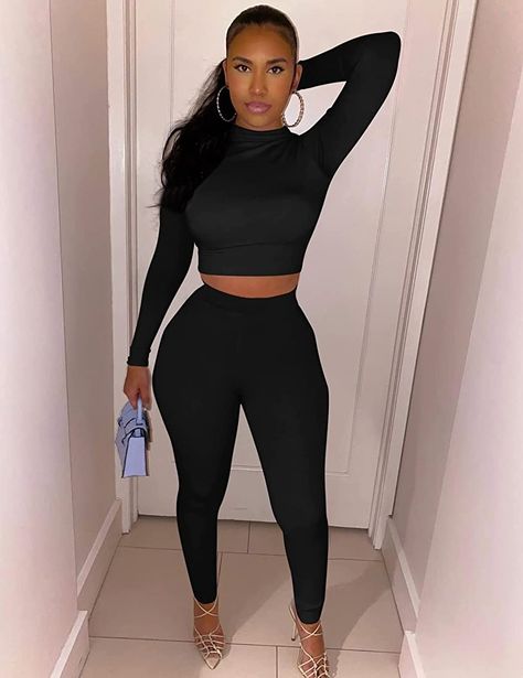 Two Piece Legging Outfit, Leggings And Crop Top Outfits, Black High Neck Top, Outfits Long Sleeve, Tennis Outfit Women, Bodycon Outfits, Black Long Sleeve Crop Top, Crop Top And Leggings, Strappy Crop Top