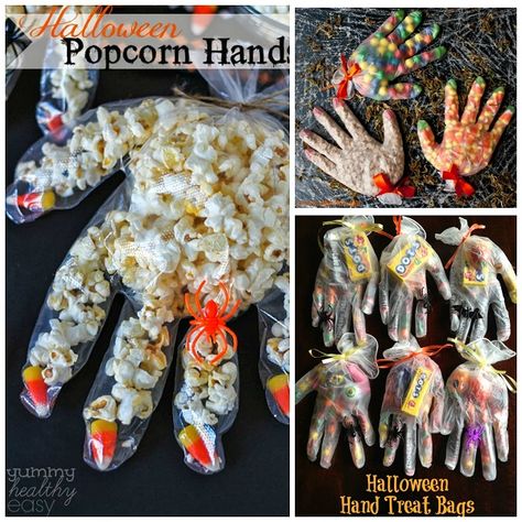 Fill a plastic glove with popcorn and candy corn! Made by Yummy Healthy Easy Use a surgical glove (latex free) and fill it with candy! Love how she used smarties for the finger spots. Made by Queens Card Castle Fill the entire gloves with butterscotch chips, candy corn, or sixlets! Love how they used Mike … Popcorn Hands, Classroom Parent, Snack Halloween, Healthy Autumn, Easy Treats To Make, Recetas Halloween, Classroom Halloween, Halloween Popcorn, Halloween Class Party