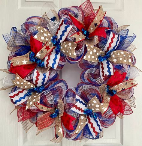 Patriotic Door Wreath, Couronne Diy, Ribbon Wreaths, Wreath Inspiration, Wreath Bows, Mesh Wreath Diy, Door Wreaths Diy, July Fourth, Blue Wreath