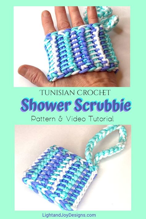 Crochet Shower Scrubbie, Tunisian Crochet Pot Holders Free Pattern, Tunisian Crochet Patterns Headbands, Crochet Puff Stitch Face Scrubbies, Tunisian Crochet Face Scrubbies, Scrubby Yarn Crochet Patterns, Tunisian Crochet Honeycomb Stitch, Scrubby Yarn Crochet, Knit Tutorials