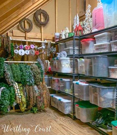 Wreath storage idea and loads of other ideas for attic organization. #atticstorage #atticorganization #wreathstorage #wreathorganization Attic Storage Organization, Organized Christmas Decorations, Attic Organization, Basement Organization, Christmas Decoration Storage, Ideas Closet, Attic Closet, Wreath Storage, Holiday Organization